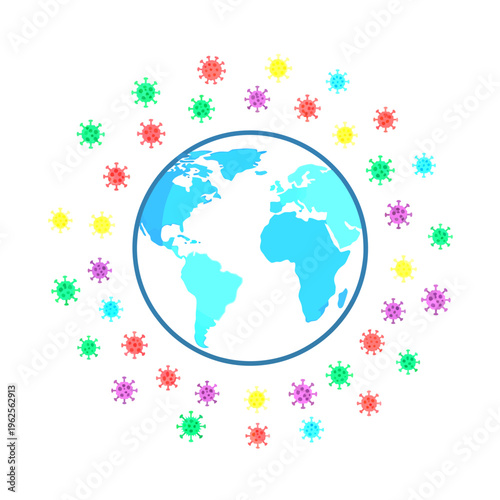 Global pandemic illustration with colorful virus particles surrounding the Earth, symbolizing worldwide health crisis and viral spread.