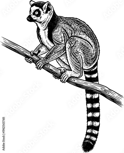 Lemur Sitting on Tree Branch Engraving Line Art Illustration for Wildlife Logo, Educational Design, Tattoo, T-Shirt Graphic and Vintage Style Artwork