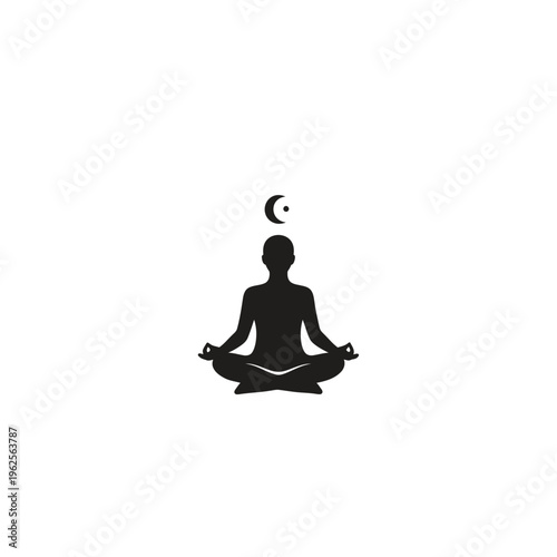 a person meditates in lotus position under crescent moon.