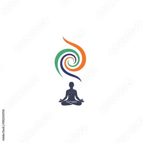 A person meditating in lotus position with a swirling colorful energy above.