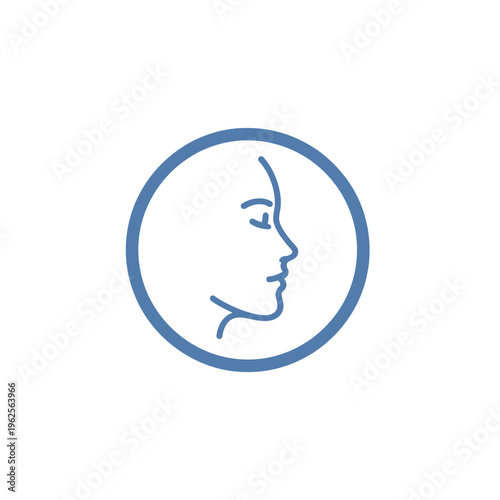A blue line drawing of a woman's face.