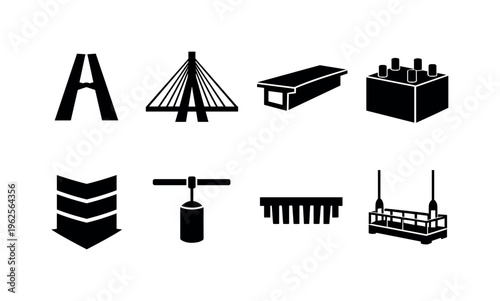 Cable-stayed bridge engineering: pylon tower split legs, stay cable fan array, deck segment box girder, anchor block foundation cube, load transfer arrow bands, vibration damper