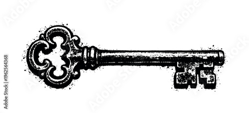 Antique key shown in a dramatic side profile with an ornate bow and long shaft extending horizontally across the frame, enlarged and centered against a pure