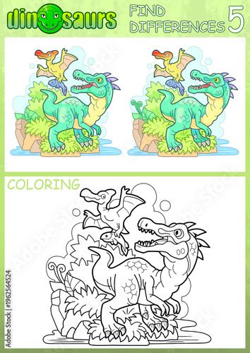 prehistoric funny dinosaur coloring book, find five differences