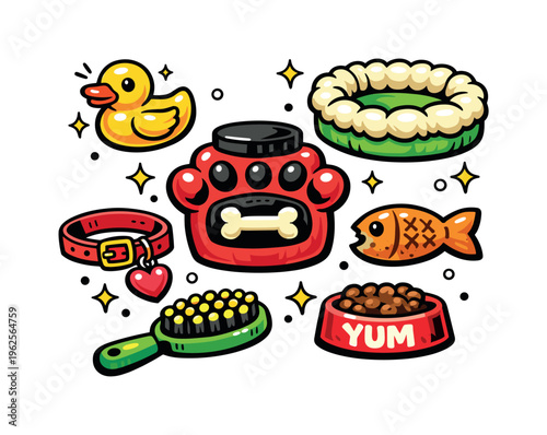 Cute pet care themed collection of 6 bold, playful hand-drawn cartoon objects scattered freely on a white background at varying scales like a colorful sticker