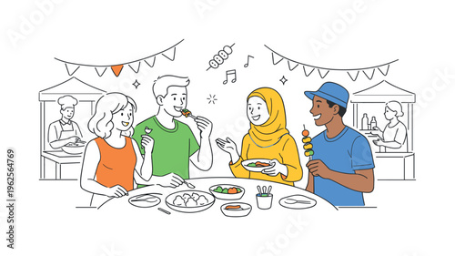 A cultural lifestyle scenario where visitors sample different foods and interact with vendors in a vibrant outdoor festival environment, represented by a small group gathered