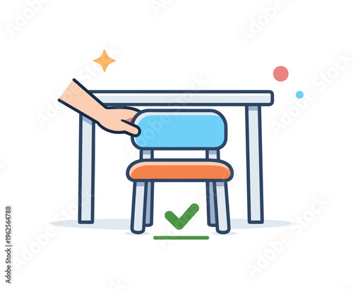 Sliding a chair back under a table after standing up as part of a simple everyday habit focused on maintaining order and tidiness in a home or office space, a chair being pushed