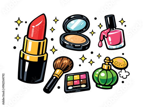 Beauty and makeup themed collection of 6 bold, playful hand-drawn cartoon objects scattered freely on a white background at varying scales like a colorful