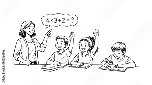 Wide horizontal editorial illustration of four characters in a classroom setting: a teacher pointing to a floating math equation, two students raising their