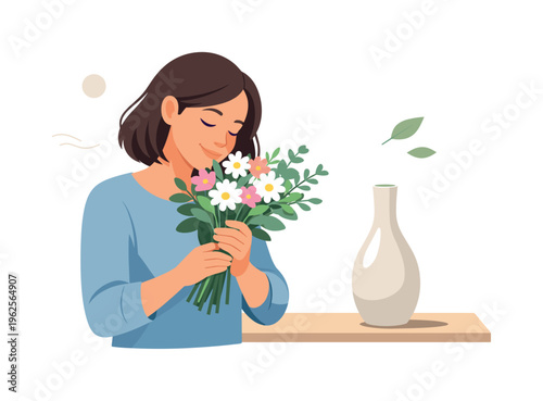 Home decoration and wellness concept illustrating a person refreshing their environment with natural floral elements for a more pleasant and balanced atmosphere, with a character