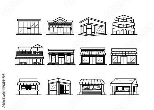 Urban retail architecture: modern glass store, brick shop building, corner retail unit, multi level mall, shop with terrace, storefront with columns, night lit shop, pedestrian