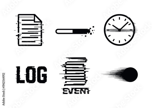 Theme: digital audit trails and event logging  a set of 5 glitch-distorted monochrome objects placed on a perfectly clean white background, each object