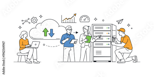 A hybrid cloud and infrastructure management scene showing IT teams balancing workloads and optimizing systems together around a large cloud and a simple server rack, using the