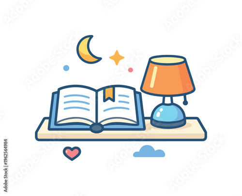 Reading a book before sleep as part of a quiet evening routine focused on relaxation and reducing screen time in a cozy home setting, a bedside table with an open book and a small