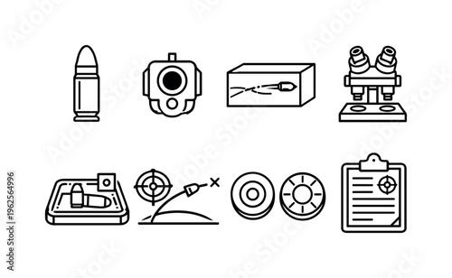 Forensic ballistics analysis: bullet cartridge, firearm barrel, ballistic gel block, comparison microscope, evidence tray, trajectory diagram, casing markings, lab report sheet