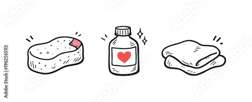 Car care basics theme  a horizontal row of 3 related hand-drawn objects on a white background, featuring a simple car wash sponge with a tiny pink corner