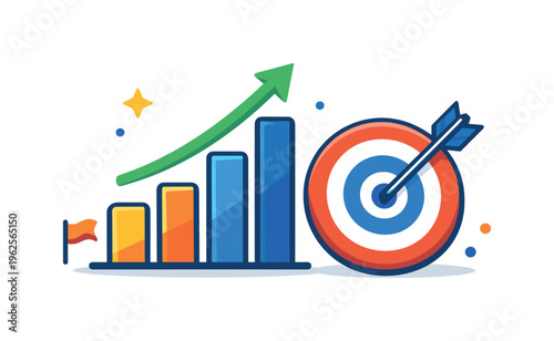 Business growth and strategic success driven by clear goals and performance tracking in a competitive environment, a bar chart combined with a target and an arrow forming a strong