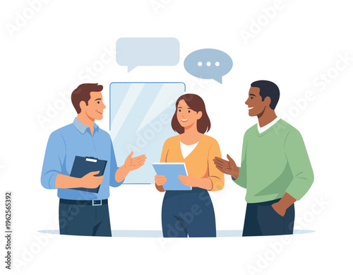 A workplace transparency and open communication culture scene showing colleagues sharing updates beside a simple glass panel symbol and a minimal speech bubble element