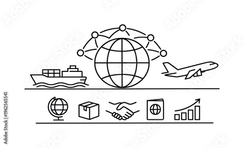 Globalization and international business integration focused on cross-border trade, cultural exchange, and interconnected economies shaping modern global markets, globe, cargo ship
