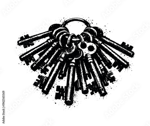 A vintage padlock key ring cluster shown in a loose hanging arrangement, viewed from slightly above so multiple keys overlap and radiate outward from a central