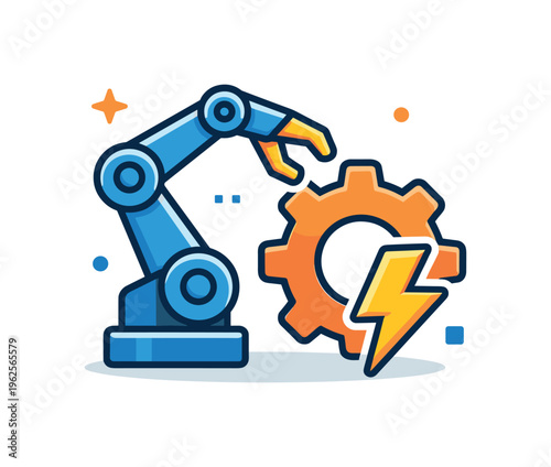 Artificial intelligence automation improving business efficiency and reducing manual workload in modern digital operations, a robotic arm paired with a gear and a small lightning