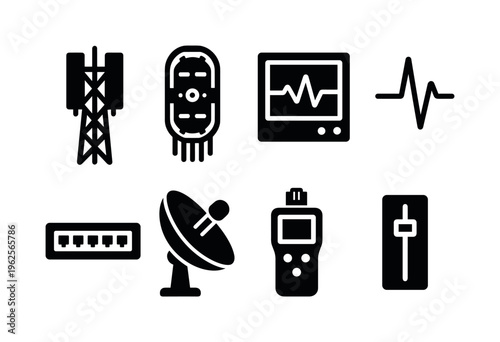 Telecommunications network maintenance: signal tower sector panels, fiber optic splice tray, spectrum analyzer screen, network latency pulse line, patch panel port row, antenna