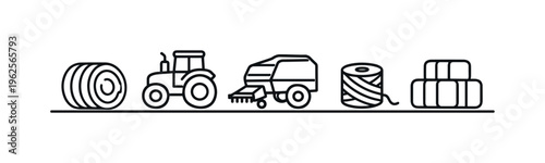 Hay baling operations and forage packaging for efficient field collection and long-term livestock feed storage in agricultural systems, hay bale, baler machine, tractor, twine roll