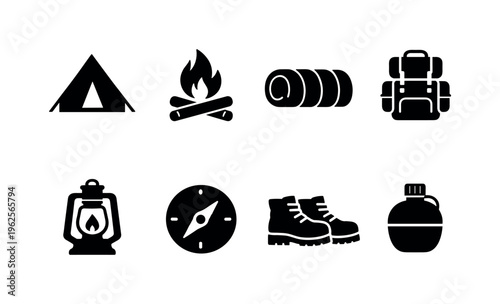 Outdoor camping gear: tent, campfire, sleeping bag, backpack, lantern, compass, hiking boots, water canteen.
