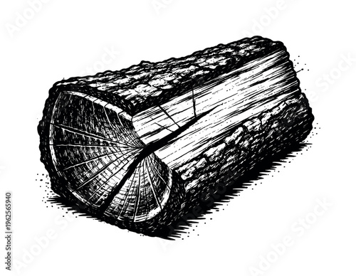 A split log of firewood shown in side view, slightly angled so the jagged split face is visible, filling most of the frame with a rugged organic silhouette