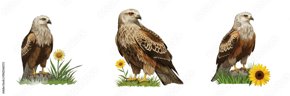 Obraz premium Red Kite Bird Illustrations Set with Sunflowers and Meadow Grass - Realistic Raptor Artwork for Nature Decor, Ornithology Graphics, and Wildlife Design - Transparent Background Style