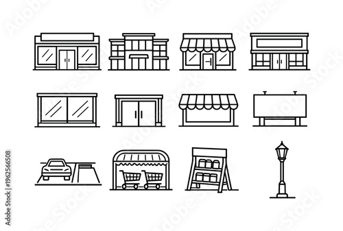 Retail building: storefront facade, shopping mall, boutique shop, supermarket building, glass display window, entrance door, awning canopy, signage board, parking lot, shopping