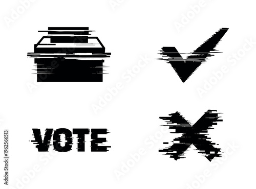 Theme: digital voting and decision input systems  a set of 4 glitch-distorted monochrome objects arranged on a perfectly clean white background, each object