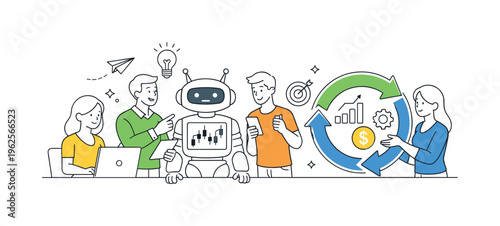 An automated investment context where individuals use trading bots to execute transactions and analyze market trends without manual intervention, illustrated by a small group