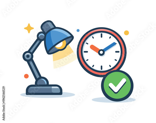 Workplace productivity and focus management centered on minimizing distractions and optimizing performance during daily tasks, a desk lamp paired with a clock and a small checkmark
