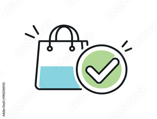 Convenient retail completion and finalizing routine consumer purchases through modern everyday shopping interaction, a clean confirmation check badge combined with a small shopping
