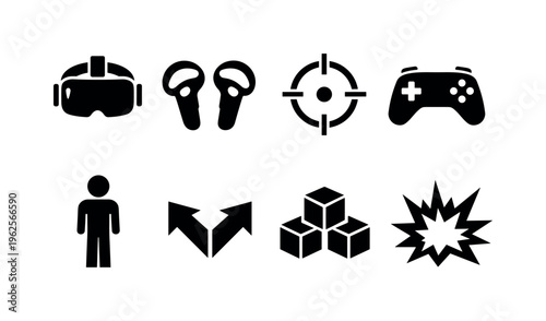 VR gaming and interaction: headset with controllers, joystick, gamepad, target reticle, avatar figure, teleport arrows, obstacle blocks, action burst