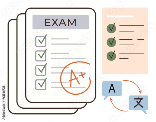 Education, language learning, translation studies, academic success, knowledge sharing, multilingual communication. Exam papers with checkmarks and an A grade, alongside translation symbols
