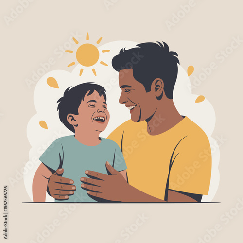 A father and son are joyfully laughing together. The sun shines brightly in the background, adding warmth to the scene.