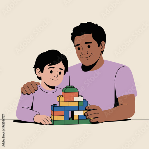A father and child enjoy constructing a colorful building with toy blocks.