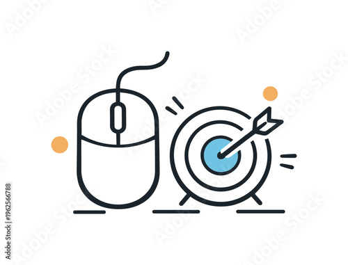 Work focus and maintaining attention on important assignments during a structured office session, a simple computer mouse paired with a small target symbolizing precision, control