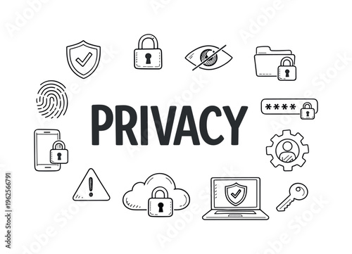 Online privacy and data control concept centered on protecting personal information, managing permissions, and maintaining anonymity in digital environments. PRIVACY title with
