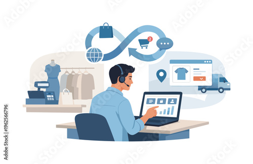 Omnichannel retail system scenario showing an individual managing both in-store and online sales through unified retail software for seamless customer experience, with a character