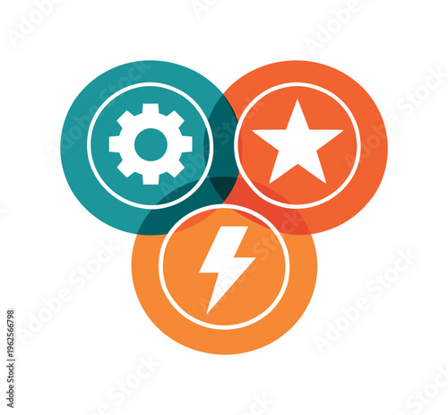 Minimalist geometric vector composition representing teamwork and collaboration: three bold overlapping circles in a Venn formation, each containing a single