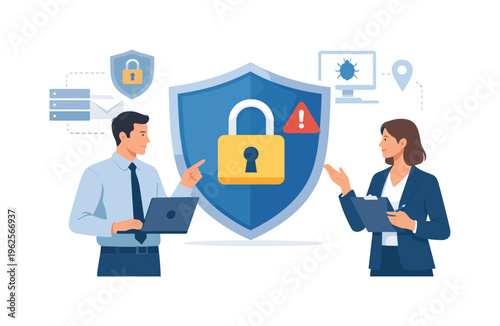Data security challenges and protection against cyber attacks in business systems, represented by a shield paired with a lock and a small alert icon, symbolizing defense, control