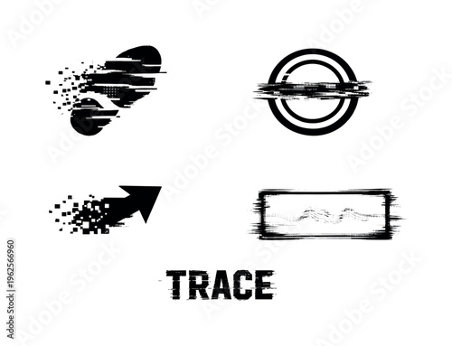 Sensor tracking and movement analytics theme  a set of four glitch-distorted monochrome symbols arranged with generous separation on a perfectly clean white