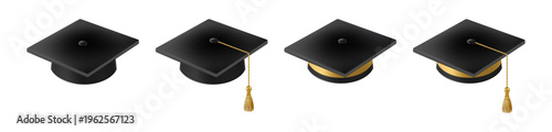 Realistic Black graduate caps set. 3D Graduation Doctoral hat.