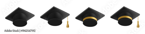 Realistic Black graduate caps set. 3D Graduation Doctoral hat.