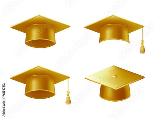 Realistic gold graduate caps set. 3D Graduation Doctoral hat