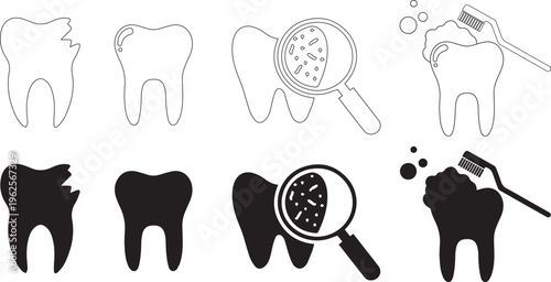 Tooth icon set. Dental clinic logo. Clean teeth. Vector 