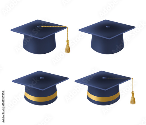 Realistic Blue graduate caps set. 3D Graduation Doctoral hat.